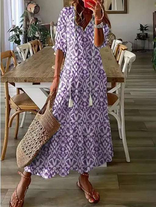Chic Bohemian V-Neck Midi Dress with Three-Quarter Sleeves