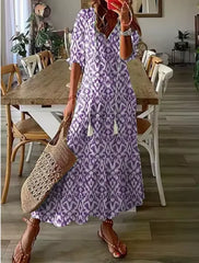 Chic Bohemian V-Neck Midi Dress with Three-Quarter Sleeves
