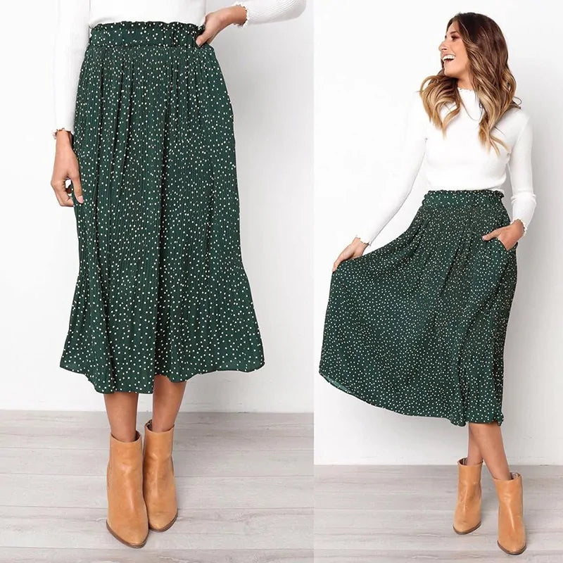 Elegant Elastic High-Waist Pleated Midi Skirt for Women