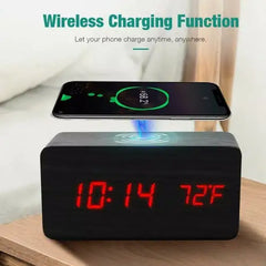 Wooden Digital Alarm Clock with Wireless Charger