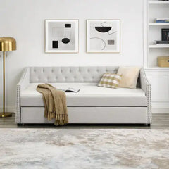 Elegant Tufted Double Sofa Bed with Pull-Out Trundle - Beige