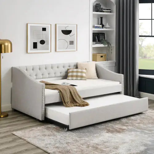 Elegant Tufted Double Sofa Bed with Pull-Out Trundle - Beige
