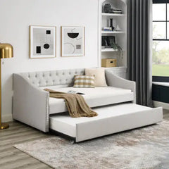 Elegant Tufted Double Sofa Bed with Pull-Out Trundle - Beige