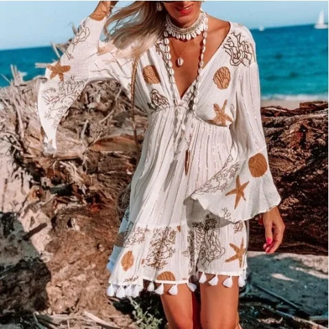 Bohemian Long Sleeve V-Neck Dress - Elegant & Playful