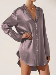 Elegant Satin Night Dress with Turn-Down Collar
