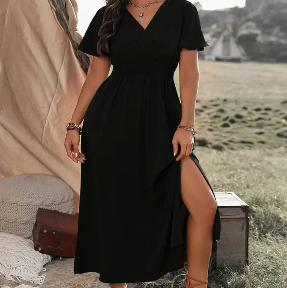 Elegant V-Neck Bell Sleeve Dress with Side Slit