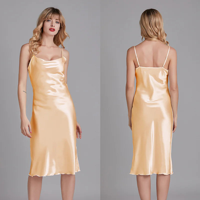Elegant Cowl Neck Satin Midi Dress - Sleeveless