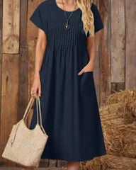 Elegant O-Neck Mid-Calf Dress  - Short Sleeve, Solid Color
