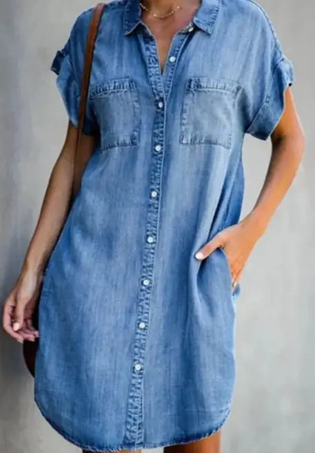 Chic Loose Short-Sleeve Denim Dress - Versatile & Comfortable