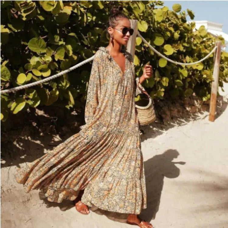 Spring Bohemian Oversized Long Dress - Flowy, Vibrant Style