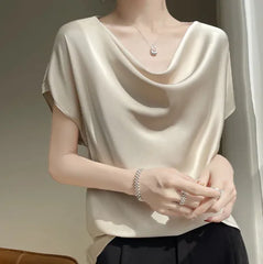 Smooth Silk Satin Short-Sleeve Blouse – Elegance & Comfort