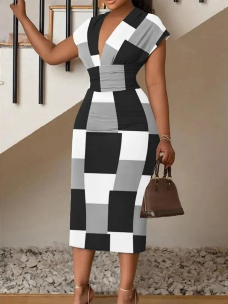 V-Neck Printed Bodycon Midi Dress for Women