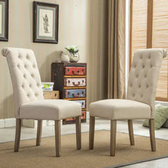Tan Solid Wood Tufted Parsons Dining Chairs, Set of 2