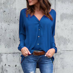 Chic V-Neck Chiffon Blouse with Button Detail