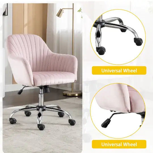 Pink Velvet Office Chair with Adjustable Height & Casters