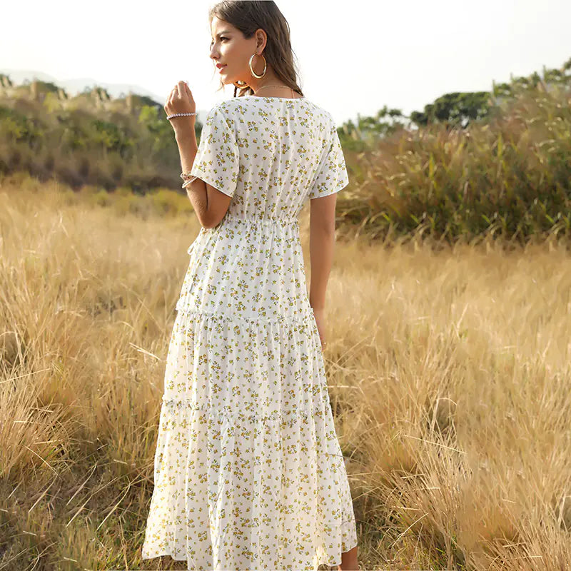 Bohemian Ruffled V-Neck Floral Maxi Dress