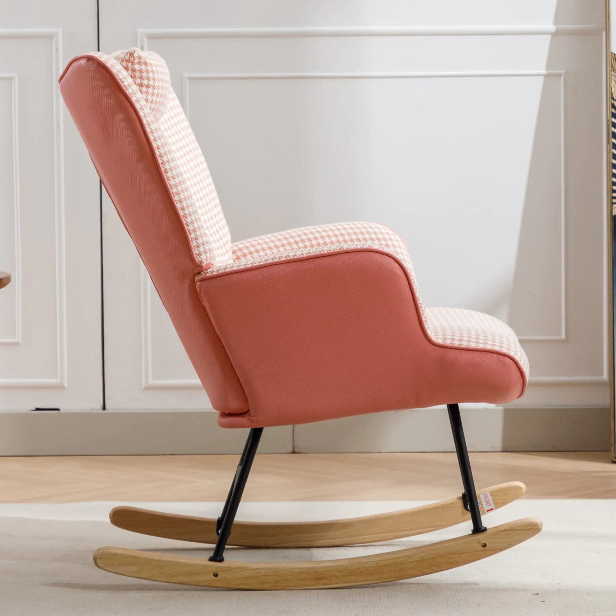 Elegant Houndstooth Fabric Rocking Chair for Nursery and Living Spaces