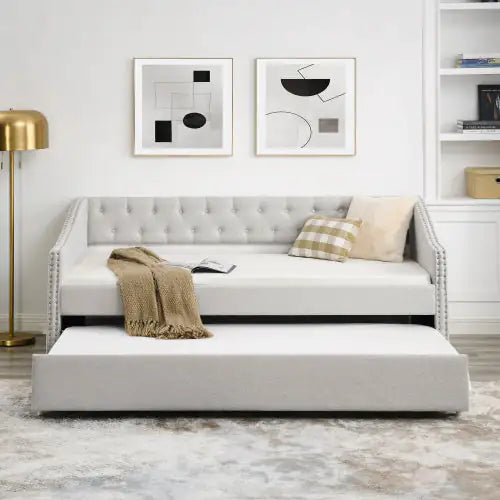 Elegant Tufted Double Sofa Bed with Pull-Out Trundle - Beige