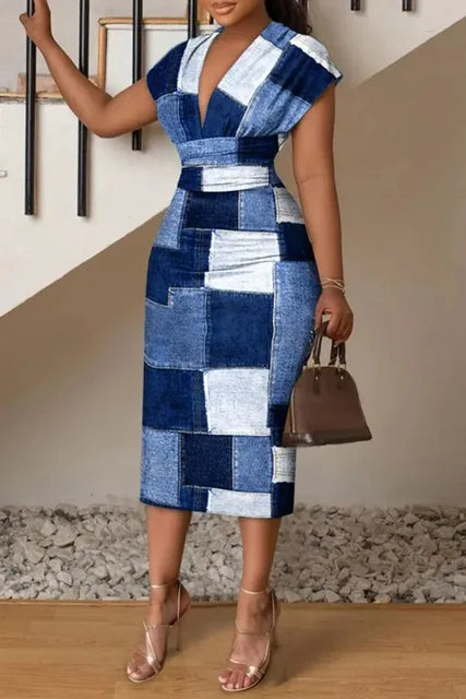 V-Neck Printed Bodycon Midi Dress for Women