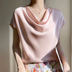 Smooth Silk Satin Short-Sleeve Blouse – Elegance & Comfort
