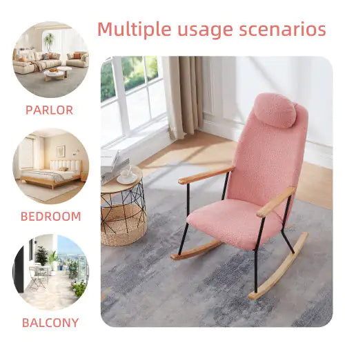 Elegant Pink Rocking Chair - Teddy Fabric, High Back & Adjustable Headrest
