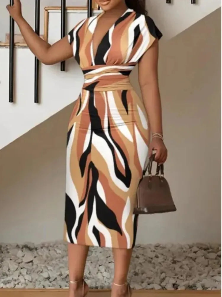 V-Neck Printed Bodycon Midi Dress for Women