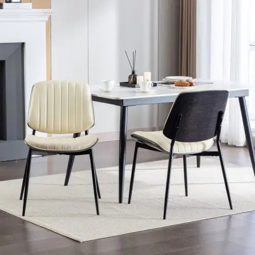 Mid-Century Modern Dining Chairs Set of 2 - Faux Leather w/ Walnut Back