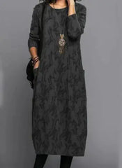 Vintage-Inspired A-Line Midi Dress with Crew Neck
