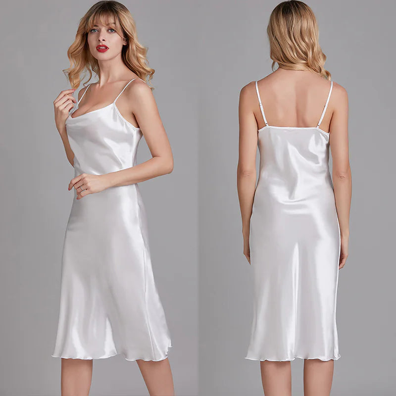 Elegant Cowl Neck Satin Midi Dress - Sleeveless