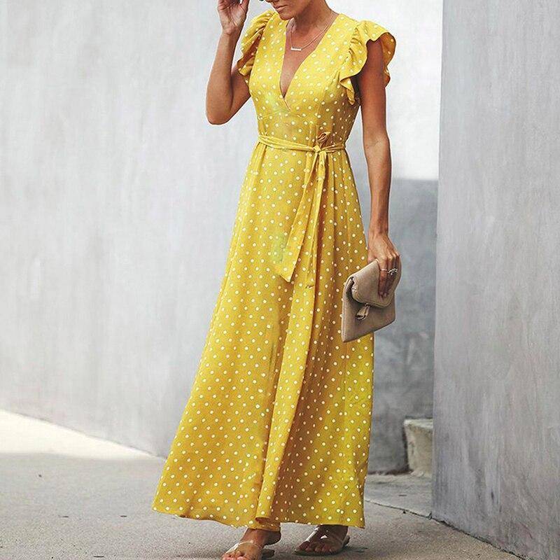 Chic Polka Dot V-Neck Dress with Petal Sleeves