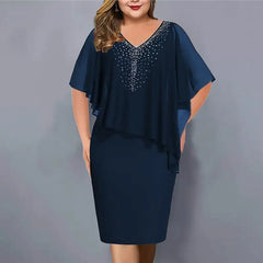 Plus-Size Chiffon V-neck Dress with Rhinestones