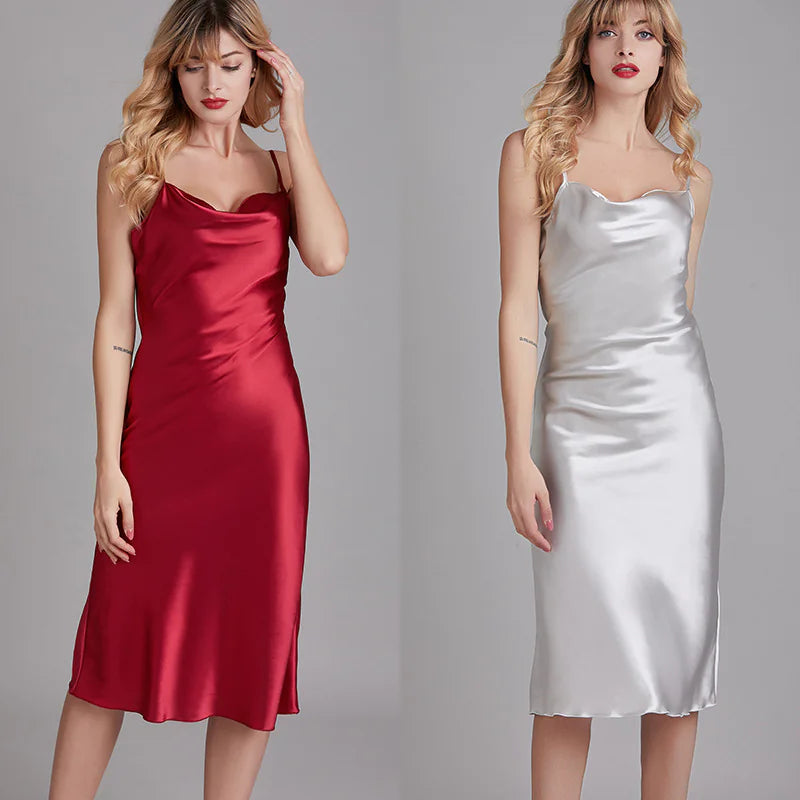Elegant Cowl Neck Satin Midi Dress - Sleeveless