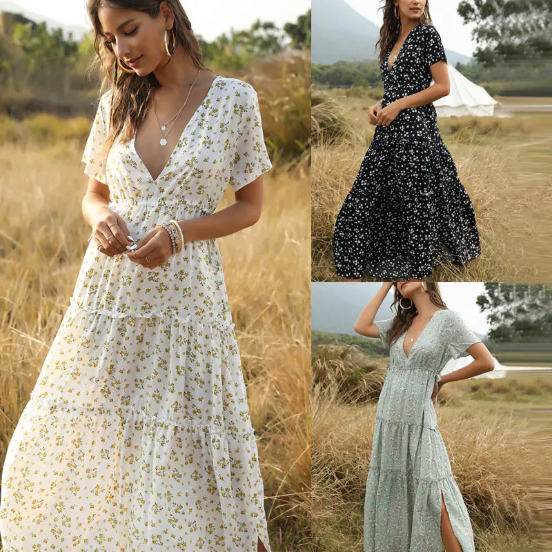 Bohemian Ruffled V-Neck Floral Maxi Dress