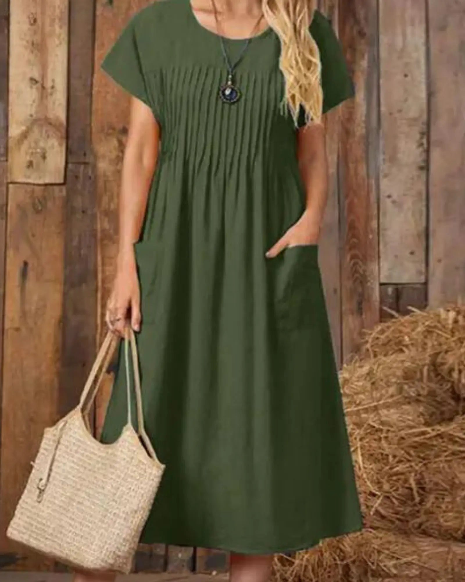 Elegant O-Neck Mid-Calf Dress  - Short Sleeve, Solid Color