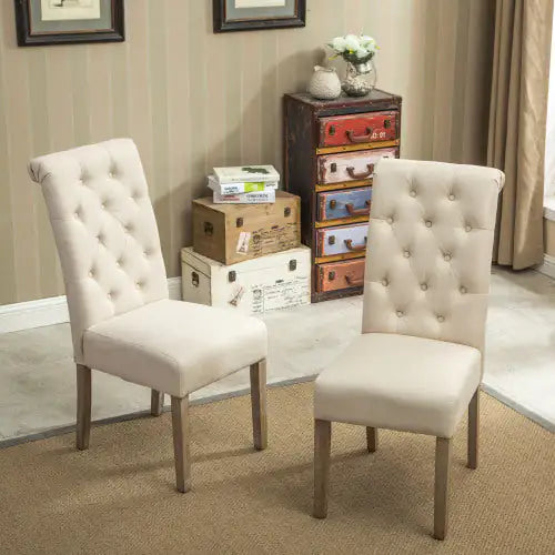 Tan Solid Wood Tufted Parsons Dining Chairs, Set of 2