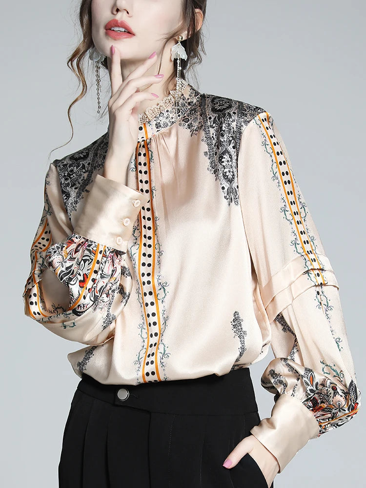 Elegant Women’s Satin Blouse with Artistic Prints