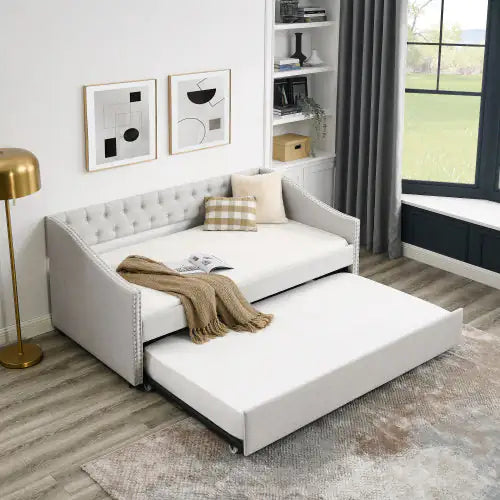 Elegant Tufted Double Sofa Bed with Pull-Out Trundle - Beige