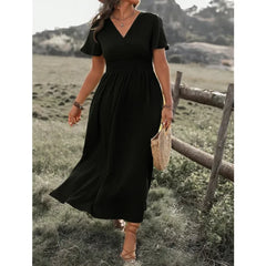Elegant V-Neck Bell Sleeve Dress with Side Slit