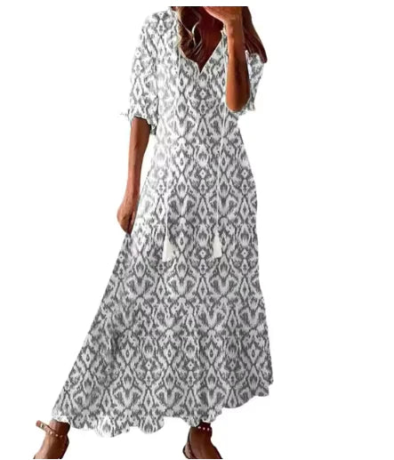 Chic Bohemian V-Neck Midi Dress with Three-Quarter Sleeves