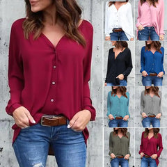 Chic V-Neck Chiffon Blouse with Button Detail