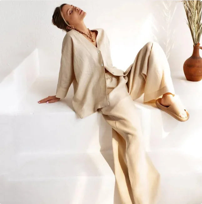 Elegant Cotton-Linen Long-Sleeve Pajama Set - Relaxed Fit