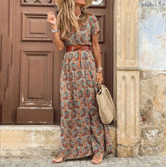 Bohemian Style Waist-Cinching Printed Maxi Dress
