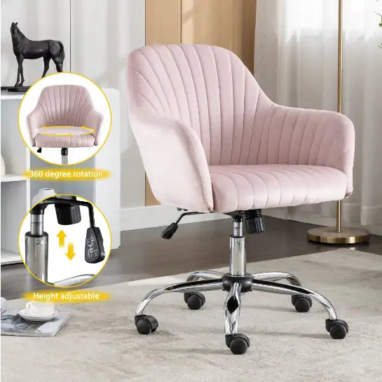 Pink Velvet Office Chair with Adjustable Height & Casters