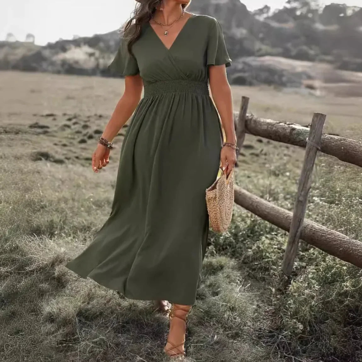 Elegant V-Neck Bell Sleeve Dress with Side Slit