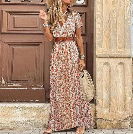 Bohemian Style Waist-Cinching Printed Maxi Dress