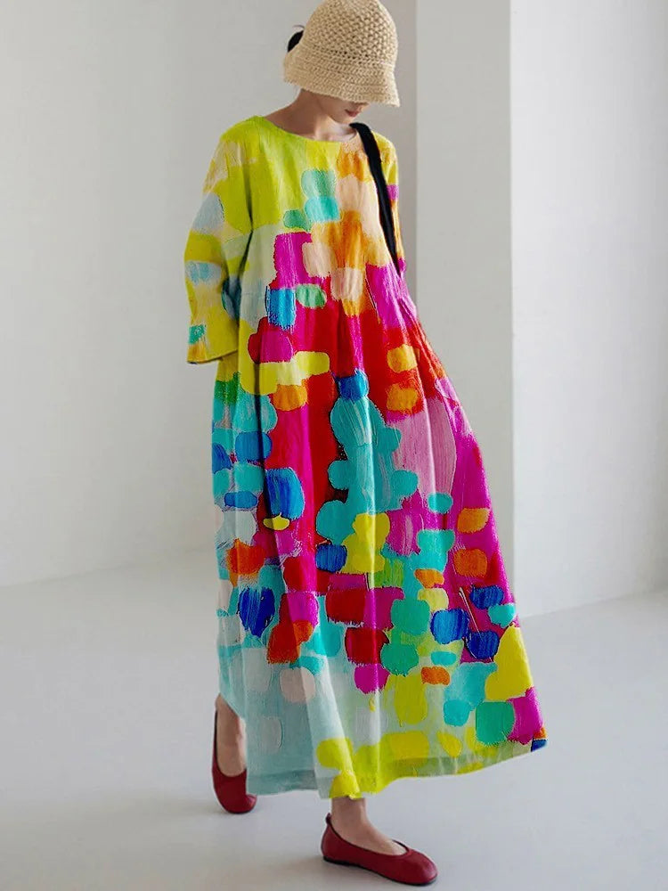 Retro Geometric Long Dress - Casual & Elegant