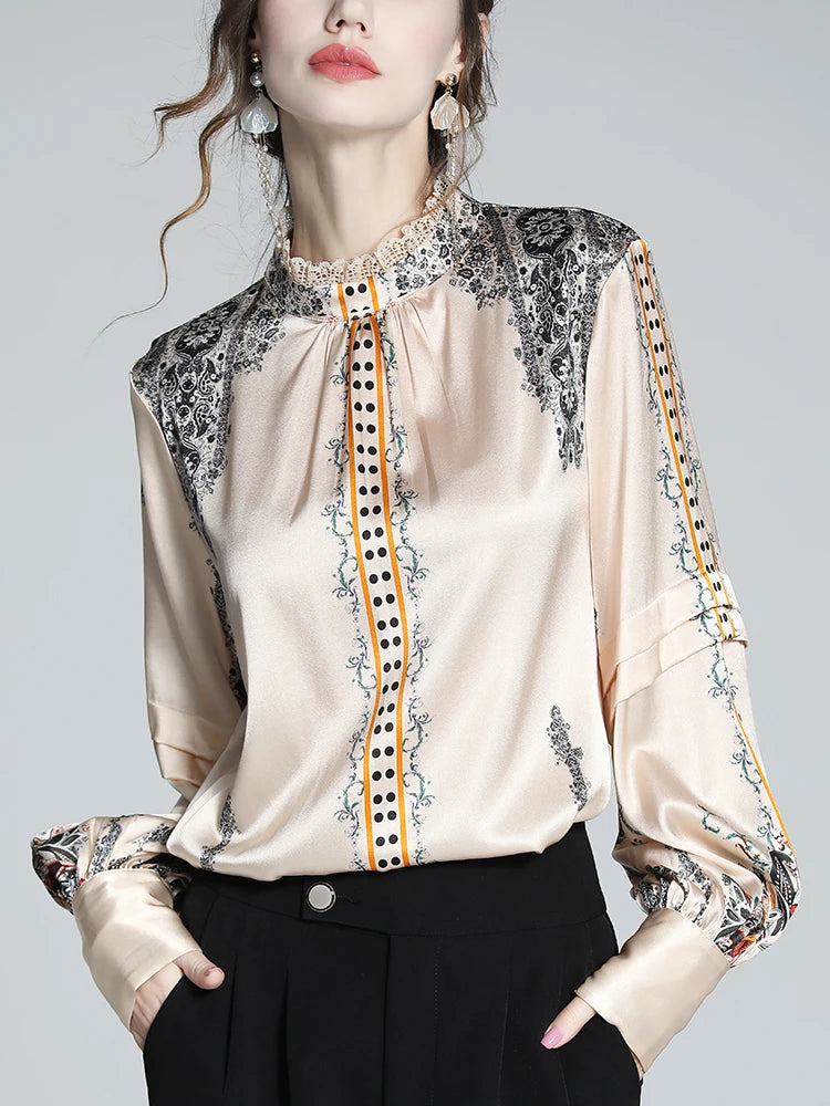 Elegant Women’s Satin Blouse with Artistic Prints