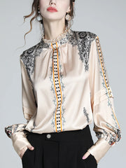 Elegant Women’s Satin Blouse with Artistic Prints
