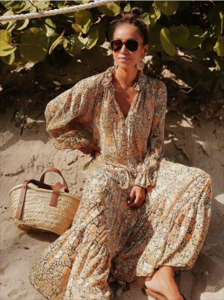 Spring Bohemian Oversized Long Dress - Flowy, Vibrant Style