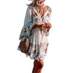 Bohemian Long Sleeve V-Neck Dress - Elegant & Playful